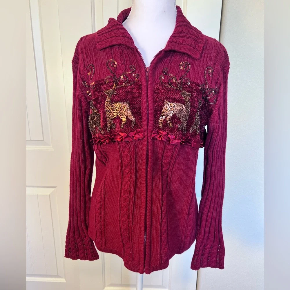Vintage Storybook Knits Burgundy Sweater Sequin Deer Ribbon Zip up Sz Small - Picture 2 of 13